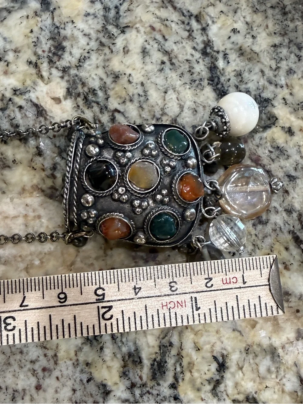 Bohemian Silver Tone Multistone Coin/Prayer Box/Amulet Pendant Necklace 36”